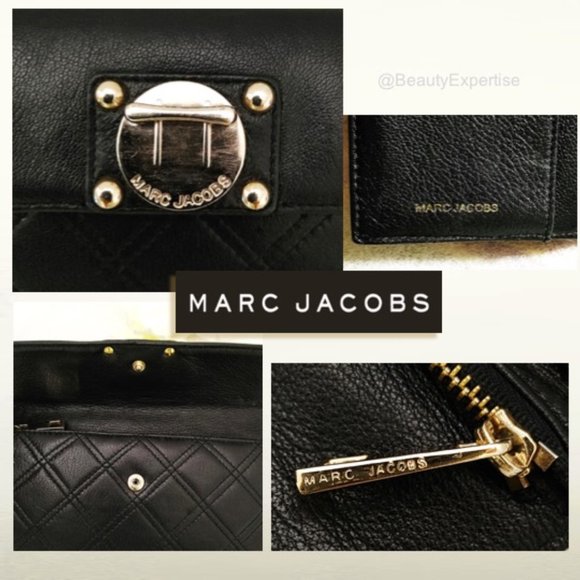 MARC JACOBS Wallet Black Genuine Leather Quilted Trifold Cards Bills Slots Bill… - Picture 9 of 11